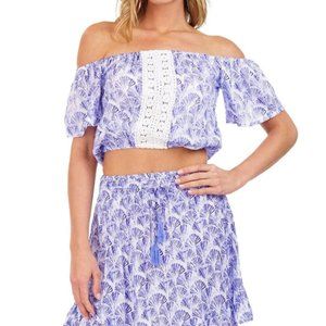 Tiare Hawaii NWT Women's Blue Fan Print MINNIE Crop Top, One Size Fits Most